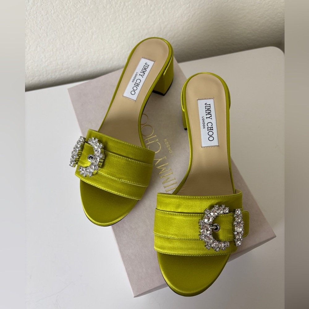 Sold-Jimmy Choo Cheri Chartreuse Satin Crystal Buckle Slide Mules 38.5 40mm NWT